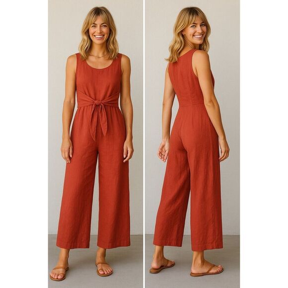 MagicLinen 100% Linen Sleeveless Wide Leg Jumpsuit Terracotta Size L Minimalist - Picture 3 of 15
